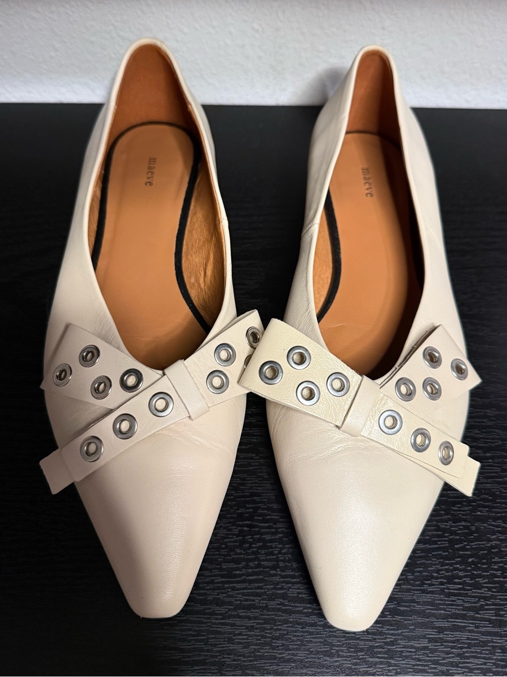Maeve Cream Leather Pointed Toe Flats with Studded Bow | EU 38 / US 7.5-8